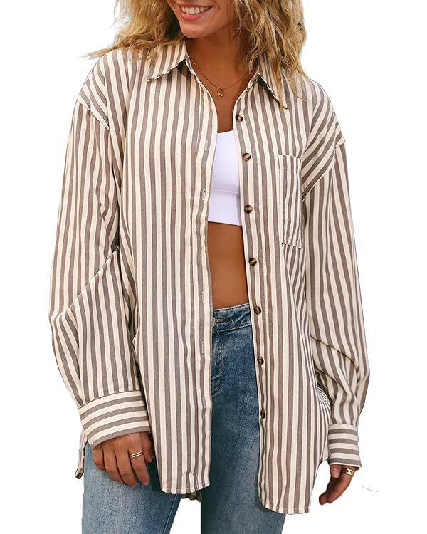 CHYRII Womens Striped Button Down Shirt Casual Long Sleeve Blouse Top | Amazon (US)