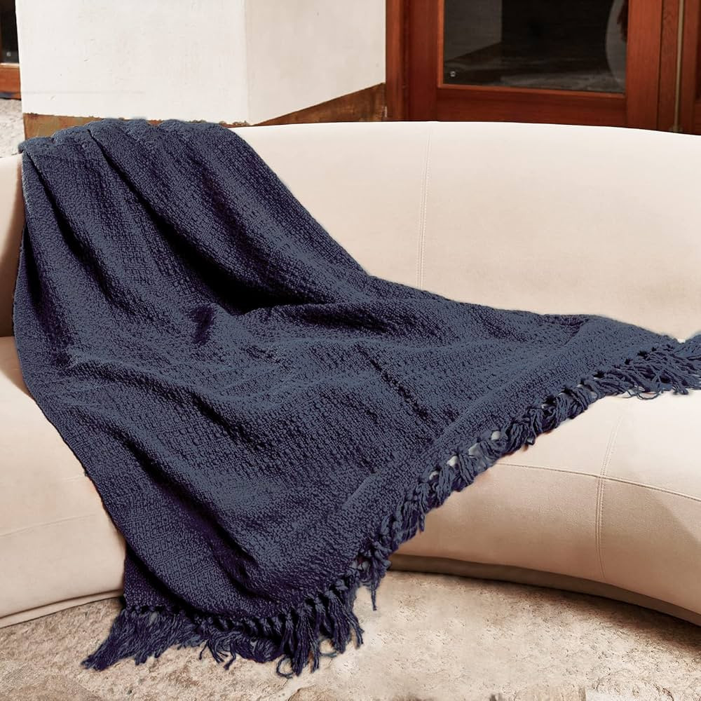 PANDATEX Thick Chunky Navy Blue Knitted Throw Blanket for Couch Chair Sofa Bed, Chic Boho Style T... | Amazon (US)