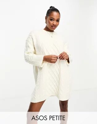ASOS DESIGN Petite knitted cable mini jumper dress in cream | ASOS (Global)