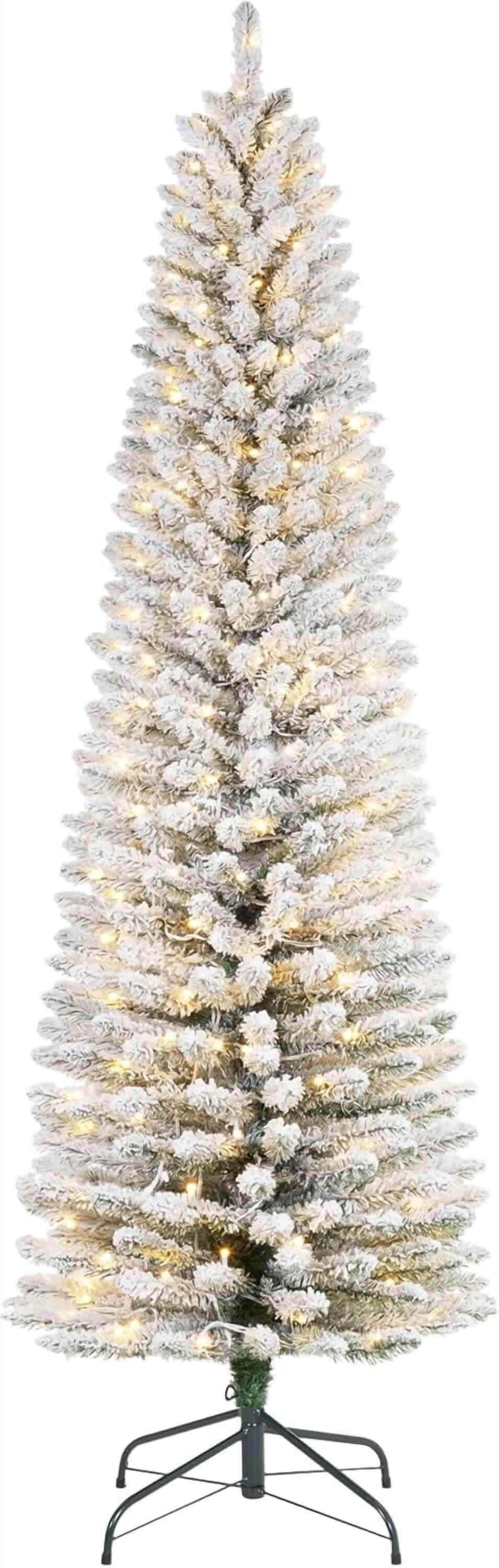 Garvee 7.5ft Flocked Pencil Christmas Tree Pre-lit Slim Frosted Artificial Tree Space Saving Xmas Tree Holiday Decoration for Home Full Prelighted | Lowe's
