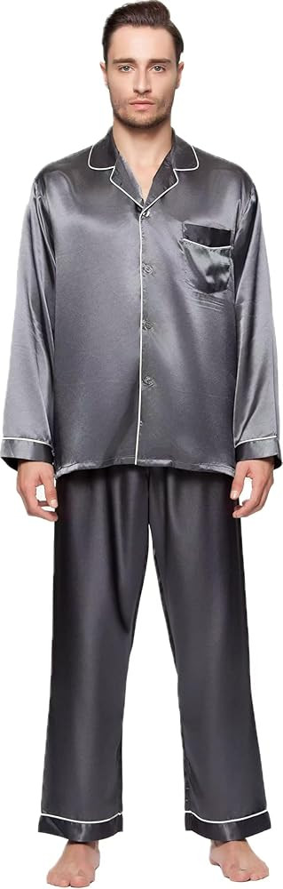 Lavenderi Men's Long Sleeve Silk Satin Pajama Set, Silky Pajamas Sleepwear | Amazon (US)