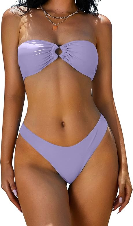 ZAFUL Women's Tie Dye Ribbed O Ring Lace Up Tie Side Bandeau Bikini Set Two Piece Swimsuit Sexy S... | Amazon (US)