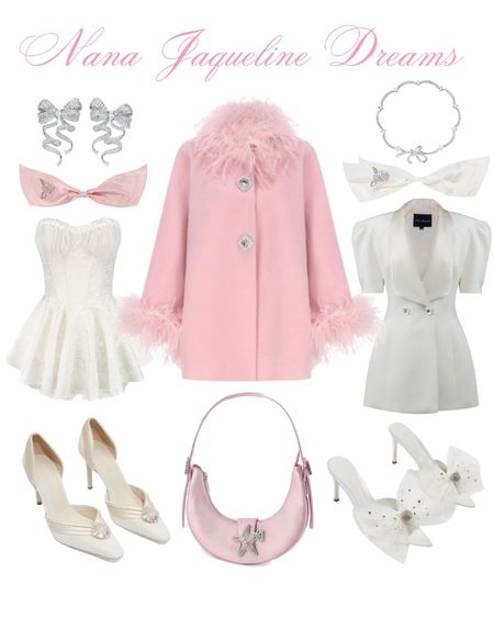 dream wardrobe from Nana Jaqueline 🎀 #nanajaqueline #furtrimcoat #wintercoat #pinkandwhite #satinheels #corsetdress #whitedress #pinkbows #hairbows #pearls #bowheels #pinkpurse