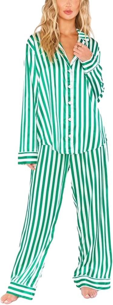 NUFIWI Women Christmas 2 Piece Pajamas Set Striped Printed Long Sleeve Button Down Shirt and Pant... | Amazon (US)