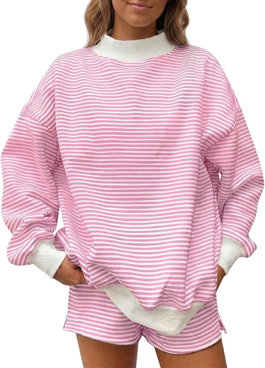 Fisoew Womens Striped 2 Piece Matching Sets Mock Neck Workout Lounge Outfit | Amazon (US)