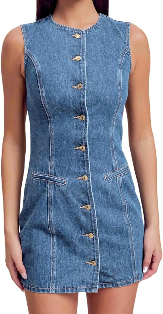 Women's Denim Mini Dress Sleeveless Crewneck Button Up Bodycon Stretchy Casual Jean Tank Dresses | Amazon (US)