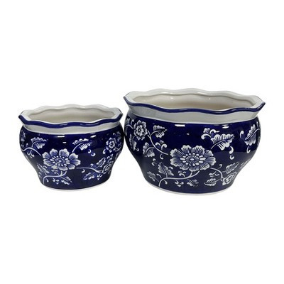 Sagebrook Home 2pc Chinoisere Ceramic Indoor Outdoor Planter Pots Blue/White: Hand-Painted, Rust-Resistant, No Assembly Required | Target