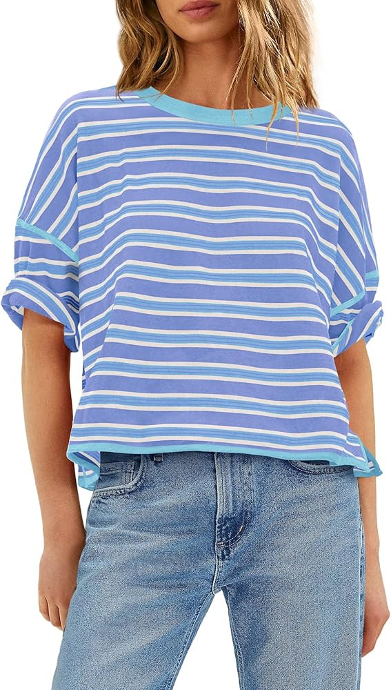 Yanekop Womens Oversized Shirts Striped Half Sleeve Tops Casual Summer Crew Neck T Shirts Basic T... | Amazon (US)