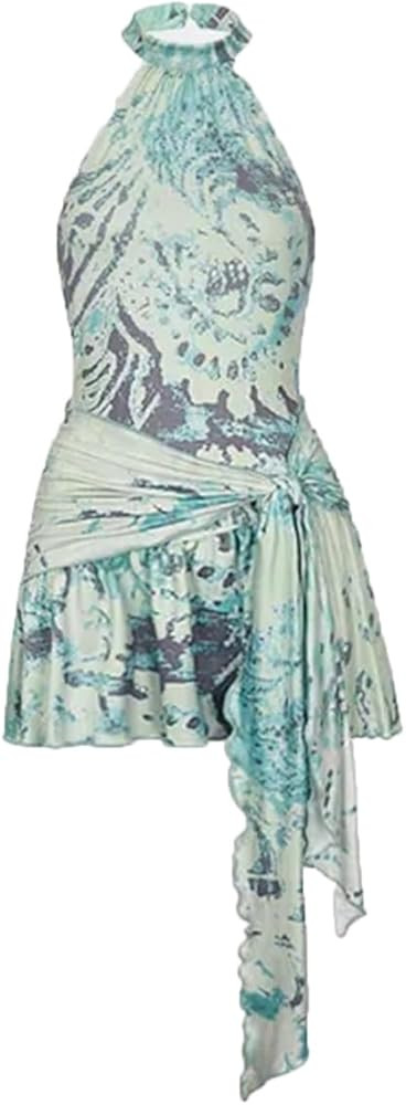 Women Crew Neck Print Mini Dress Irregular Belt Sleeveless Ruffles Hem Slim Party Dresses | Amazon (US)