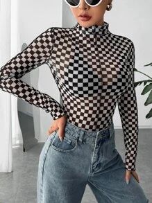 SHEIN Coolane Checker Print Mock Neck Top Without Bra | SHEIN