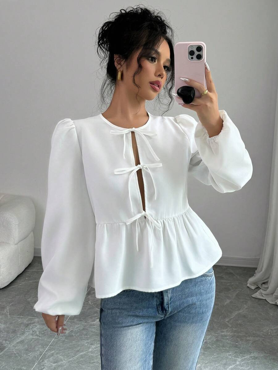 SHEIN Essnce Women's Solid Color Casual Front Tie Long Sleeve Shirt With Ruffle Hem, Spring & Sum... | SHEIN