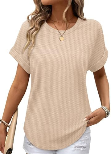 Sampeel Summer Tops for Women 2026 Trendy Rolled Short Sleeve Shirts Waffle Knit Crew Neck Tops C... | Amazon (US)