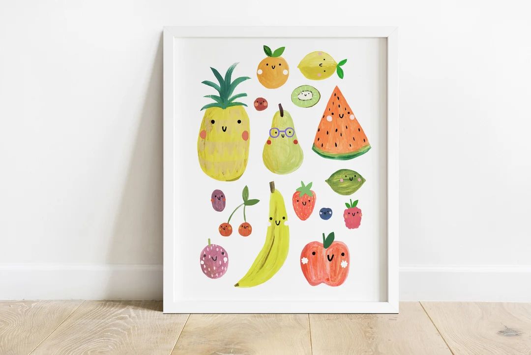 Happy Fruit Print | Cute Fruity Poster Apple Banana Berry | Kids Illustration Wall Art | Vegan Ve... | Etsy (US)