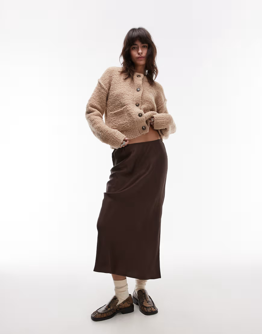 Topshop satin bias midi skirt in brown | ASOS (Global)