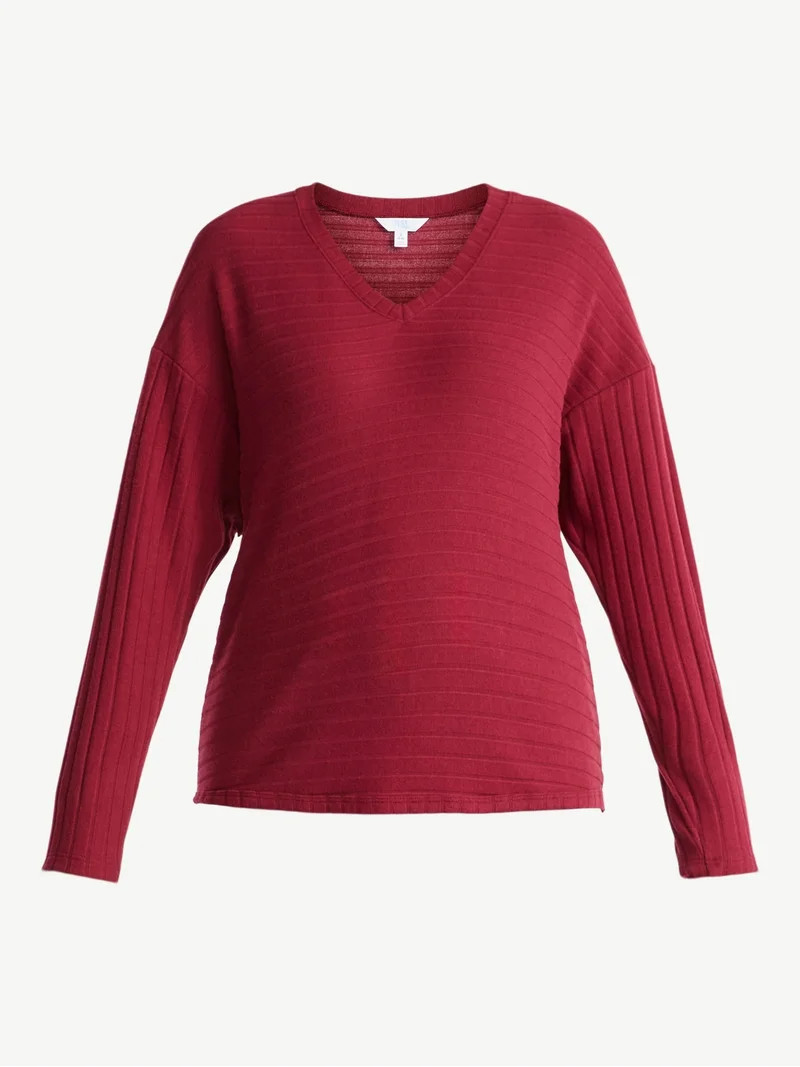 Time and Tru Women's Ribbed Hacci Knit V Neck Top with Long Sleeves, Sizes XS-XXXL | Walmart (US)