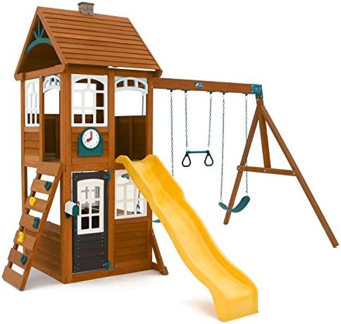 Amazon.com: KidKraft McKinley Wooden Swing Set / Playset with Clubhouse, Mailbox, Play Kitchen, S... | Amazon (US)