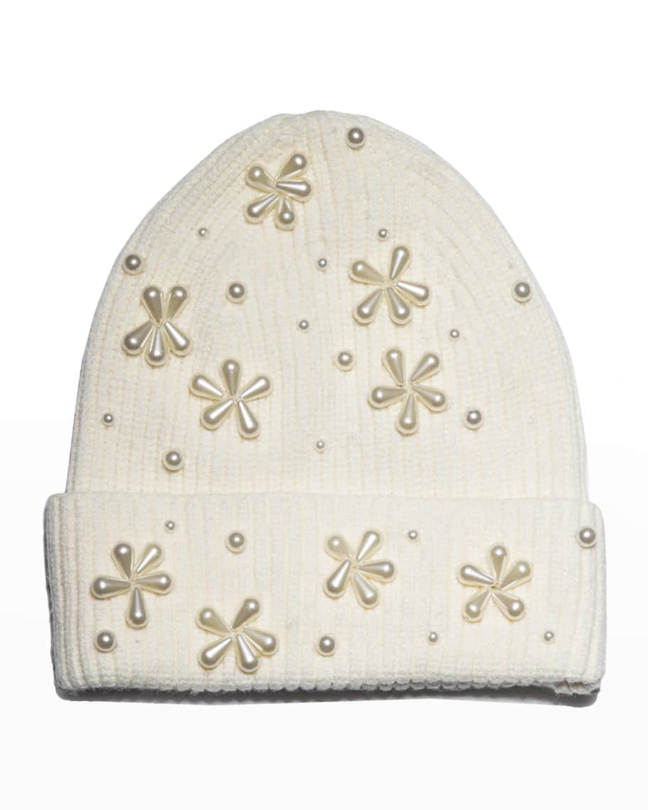 Lele Sadoughi Pearly Snowflake Rib Knit Beanie | Neiman Marcus