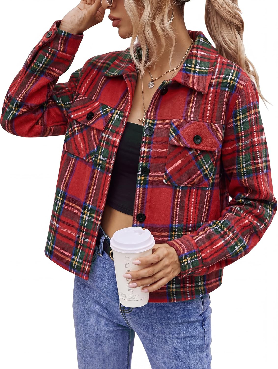 Womens Cropped Plaid Shacket Flannel Long Sleeve Button Down Jacket | Amazon (US)