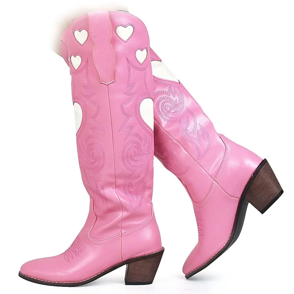Erocalli Women's Western Cowboy Boots Embroidered Knee High Cowgirl Shoes Pink Size 7 | Walmart (US)