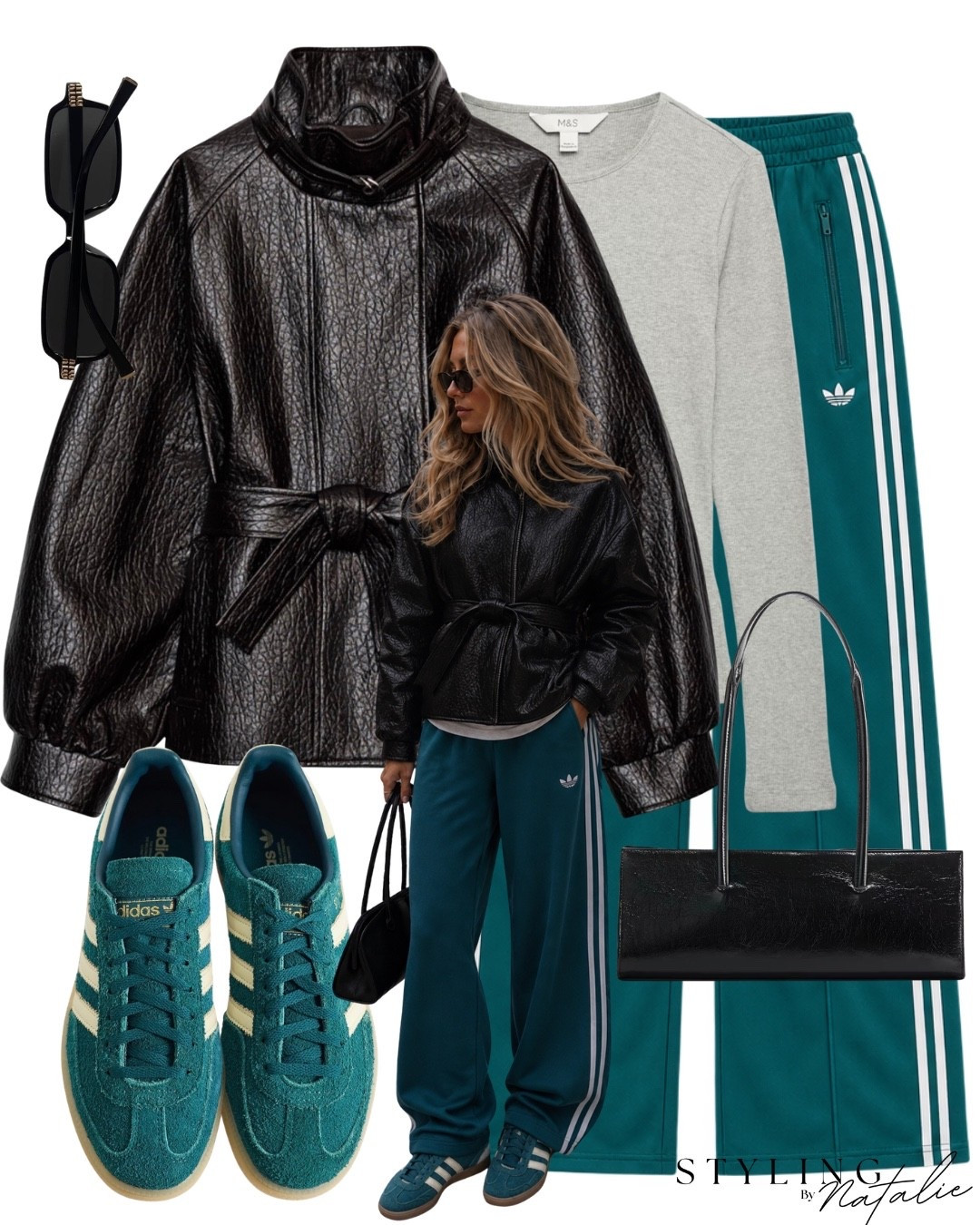 Leather effect belted jacket, teal adidas originals firebird track pants, adidas spezial trainers, black east west bag, Miu Miu sunglasses and long sleeve grey t-shirt. 
Casual everyday wear, autumn style, transitional style.

#LTKautumn #LTKeurope #LTKmidsize