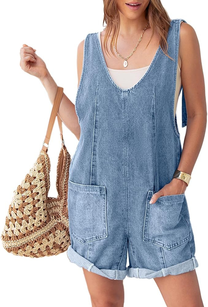 Glamaker Womens Summer Denim Romper Overall Shorts Casual Sleeveless V Neck Jean Romper Denim Out... | Amazon (US)