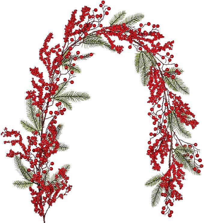 DearHouse 6FT Red Berry Christmas Garland with Spruce Branches Berry Garland, Winter Greenery Gar... | Amazon (US)