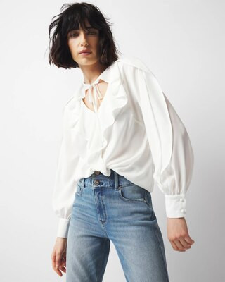 Women's Tie-Neck Ruffle Blouse in White size XXS | White House Black Market, What To Wear To Work | White House Black Market