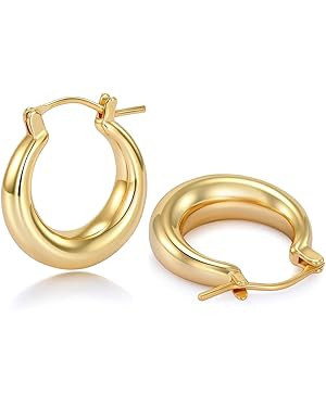 sovesi Chunky Gold Hoop Earrings for Women with 925 Sterling Silver Post, 14K Gold Plated Small T... | Amazon (US)