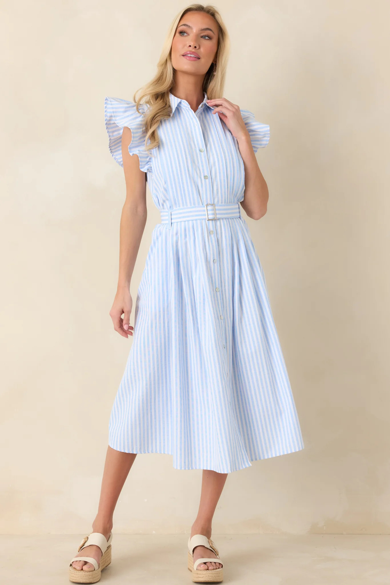 Simple Statement Sky Blue and White Stripe Button Front Midi Dress | Red Dress