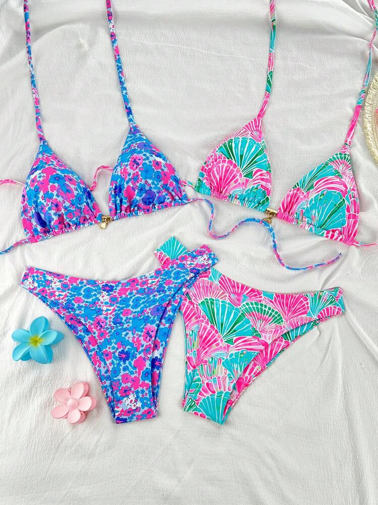 Swim Mod 4pcs/Set New Ditsy Floral + Colorful Shell & Starfish Metal Decor Side-Tie Cheeky Bikini Swimwear Set, Beach Holiday Women Swimwear For Summer Beach Vacation | SHEIN