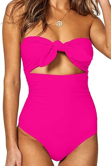 QINSEN Womens Sexy Strapless Tie Knot Front High Waist One Piece Swimsuit | Amazon (US)