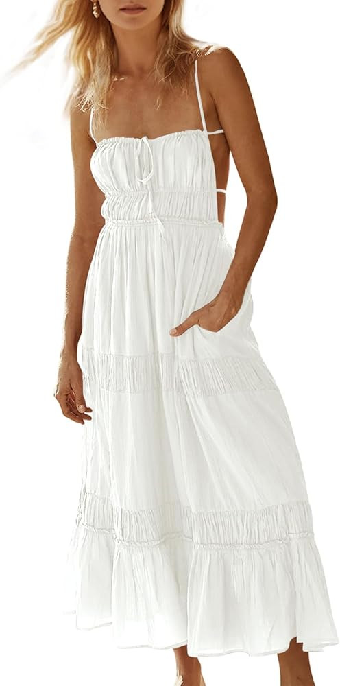 Wenrine Womens Summer Beach Dresses Backless Spaghetti Straps Self Tie Tiered Flowy Casual Maxi D... | Amazon (US)