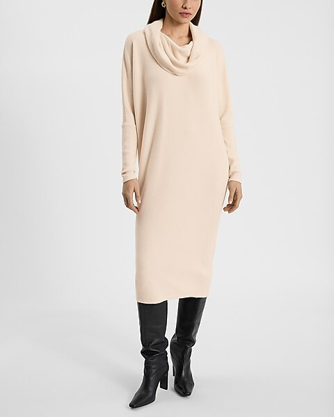 Ribbed Knit Cowl Neck Long Sleeve Midi Shift Dress | Express