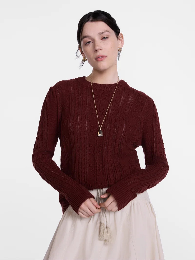 Scenario Women's Pointelle Sweater with Long Puff Sleeves, Lightweight, Sizes XS-XXXL | Walmart (US)
