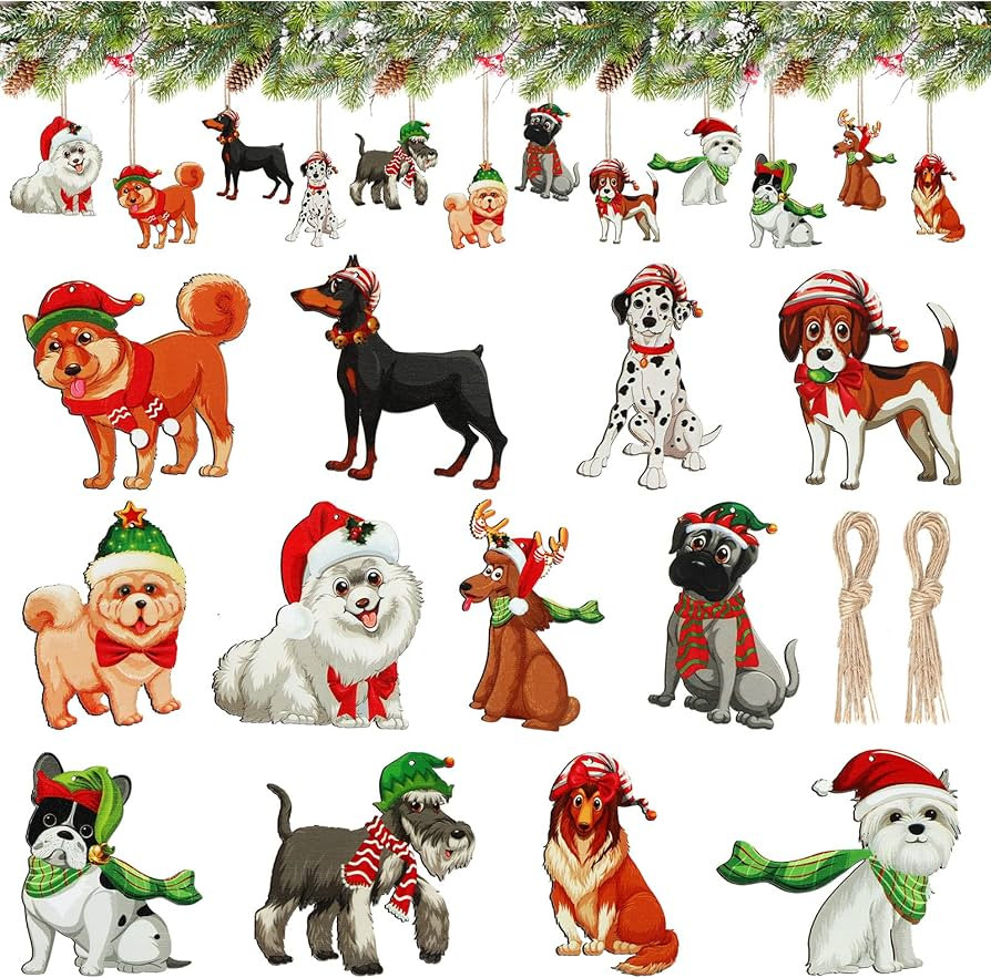 12 Pieces Dog Christmas Tree Ornaments Puppy Hanging Wood Xmas Ornament Rustic Wooden Dog Ornamen... | Amazon (US)