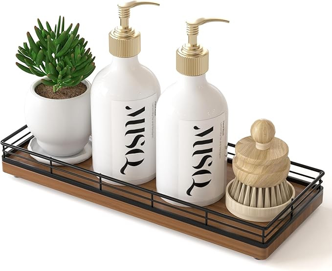 Oak Wooden Kitchen Soap Tray, 11.2" Sink Countertop Soap Dispenser Sponge Holder, Spice Salt and ... | Amazon (US)