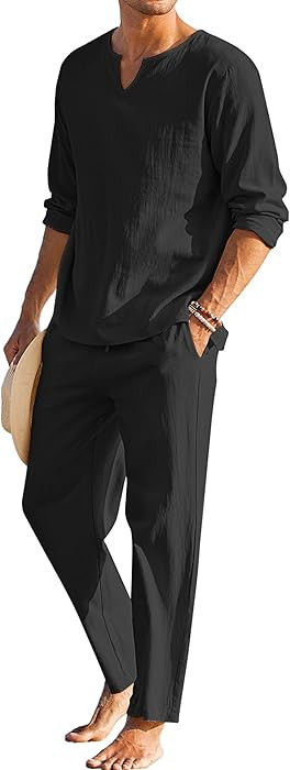 COOFANDY Men's 2 Pieces Cotton Linen Set Henley Shirt Long Sleeve and Casual Beach Pants Summer Y... | Amazon (US)