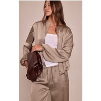 Sage Khaki Textured Satin High Neck Jacket | PrettyLittleThing UK