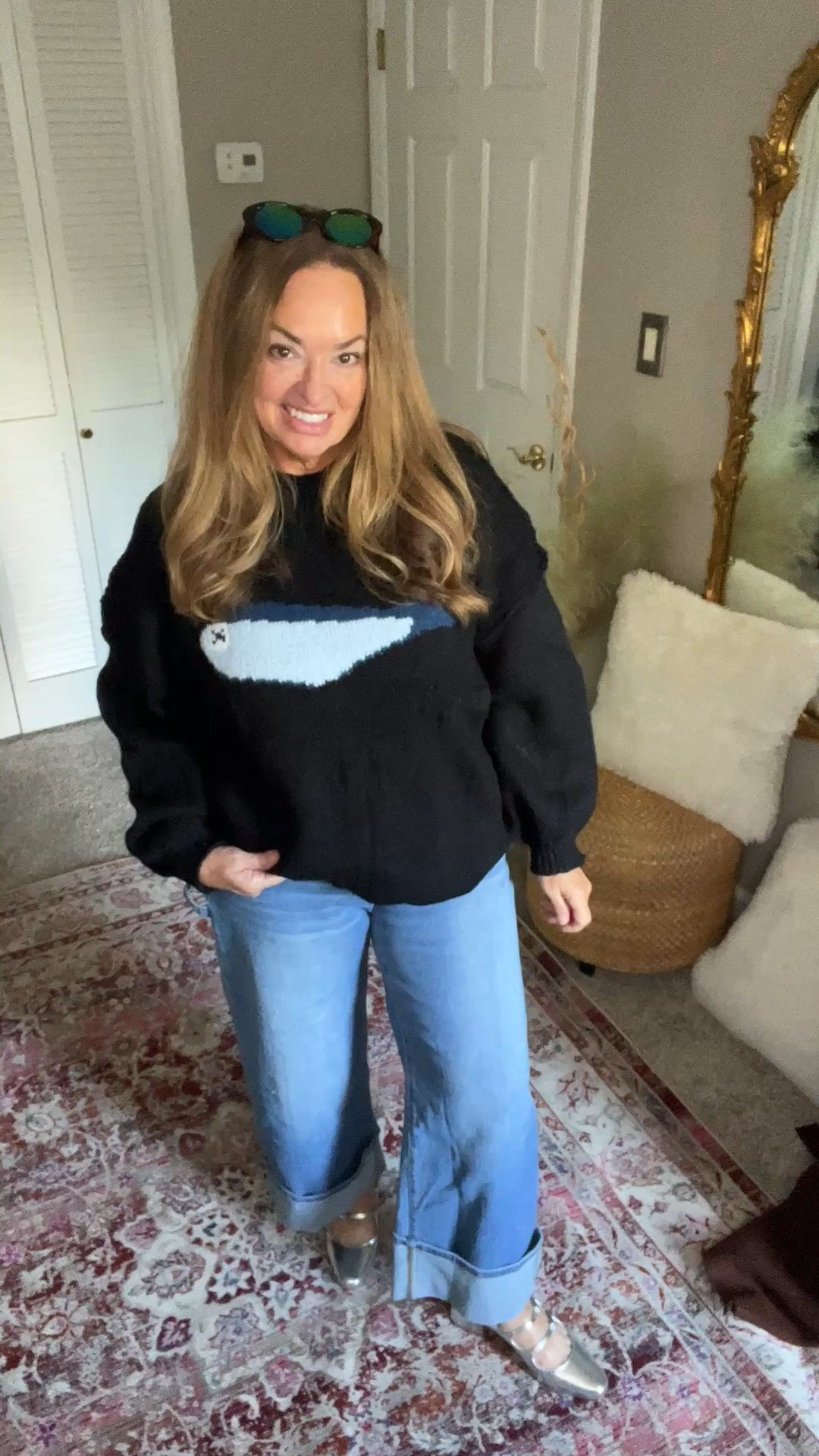 Cool oversized graphic 🐟Sweater!
Love so much! Paired with boyfriend jeans and mary janes.

#LTKgrwm #LTKSeasonal #LTKOver40