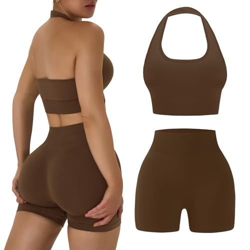 OLCHEE Workout Sets for Women 2 Piece Backless Halter Sports Bra High Waist Booty Shorts Yoga Gym Outfits Lounge Activewear - Solid Brown Large | Amazon (US)