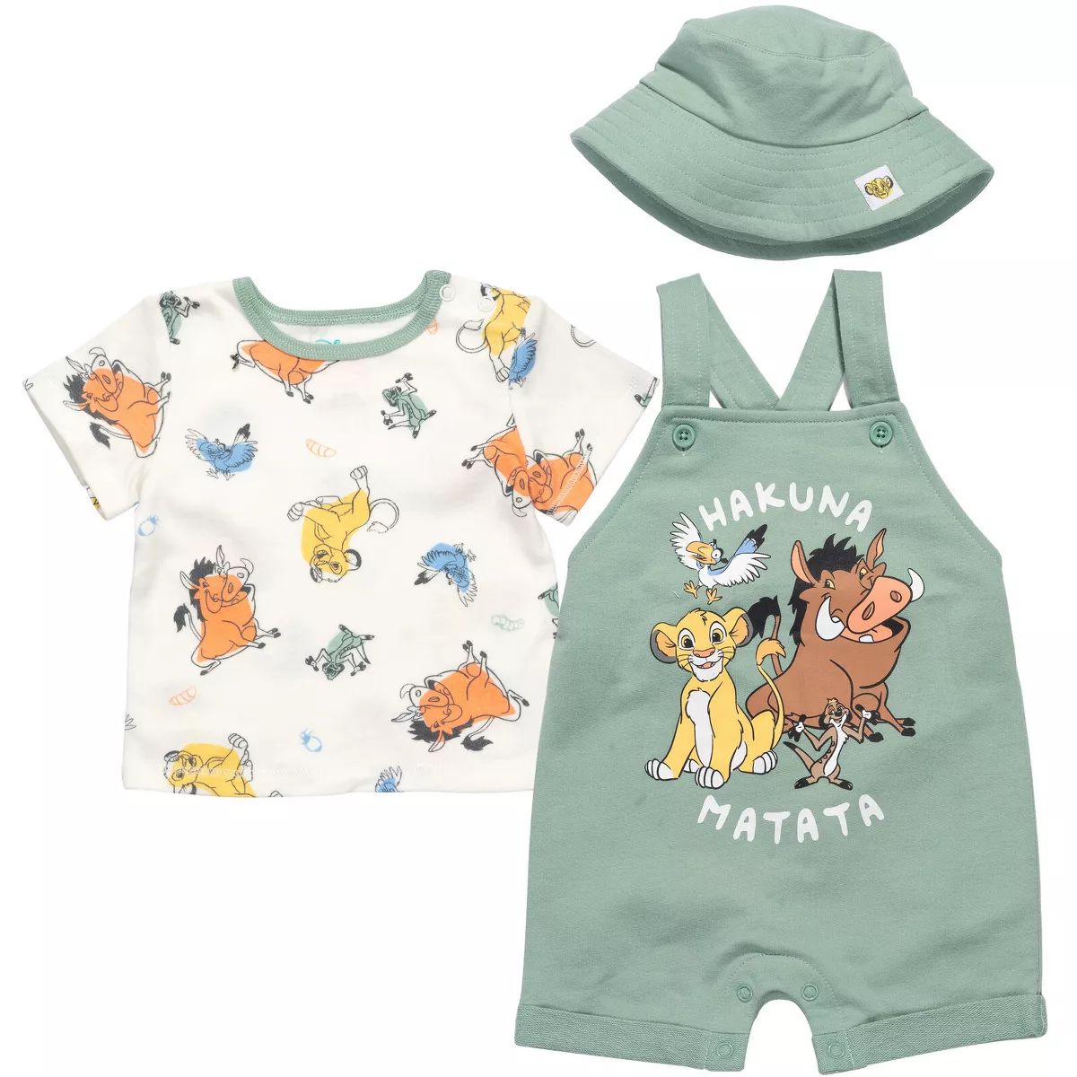 Disney Lion King Simba Timon Pumbaa Baby French Terry Short Overalls T-Shirt and Hat 3 Piece Outf... | Target