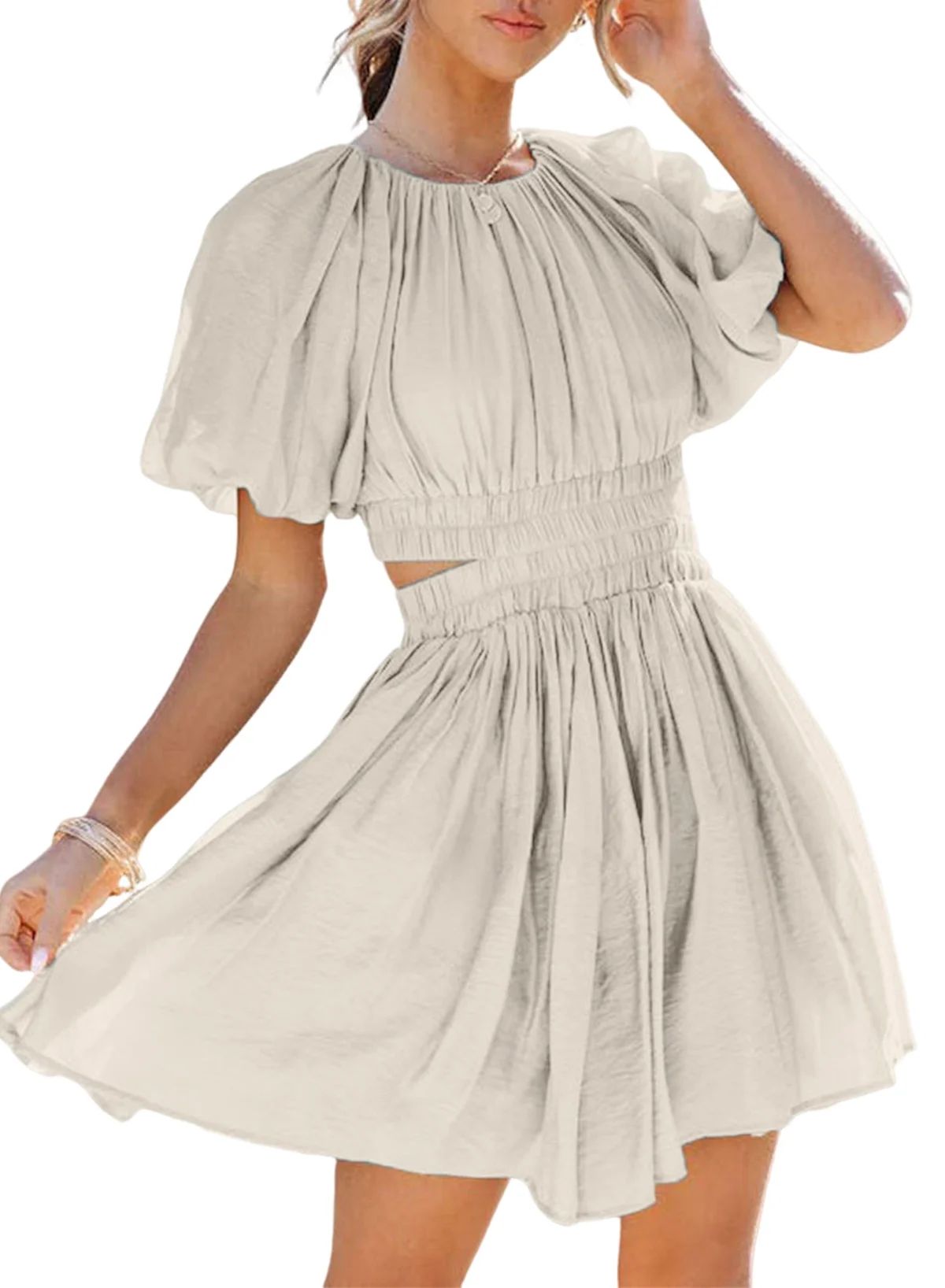 Dokotoo Womens Mini Dresses Puff Sleeve Short Dress Crew Neck Summer Dress Cutout Waist Casual Dr... | Walmart (US)