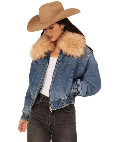 Blank NYC Women's Denim Bomber Jacket with Faux Fur Collar, Blue, Small | Amazon (US)
