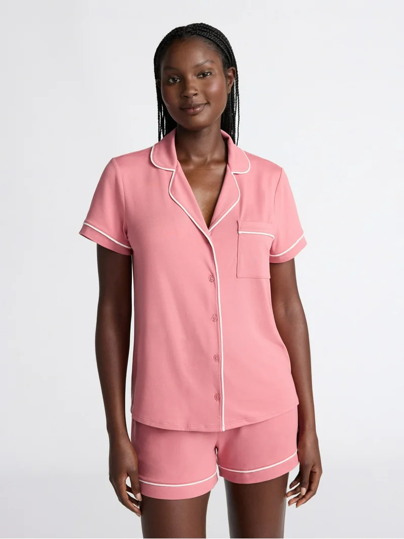 Joyspun Women’s Dreamy Soft Collection Notch Collar Knit Top and Boxer Shorts Pajama Set, Sizes... | Walmart (US)