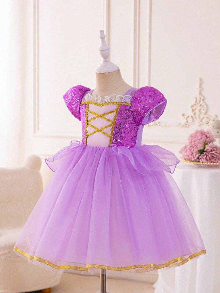 Young Girl Sparkly Patchwork Tulle Party Dress With Puffy Skirt, Suitable For Formal Occasion | SHEIN