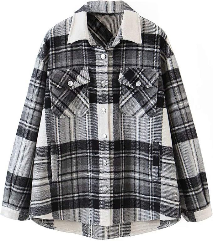 Women's Casual Plaid Button Down Long Sleeve Shacket Jacket Shirt Collared Boyfriend Shirt Blouse... | Amazon (US)