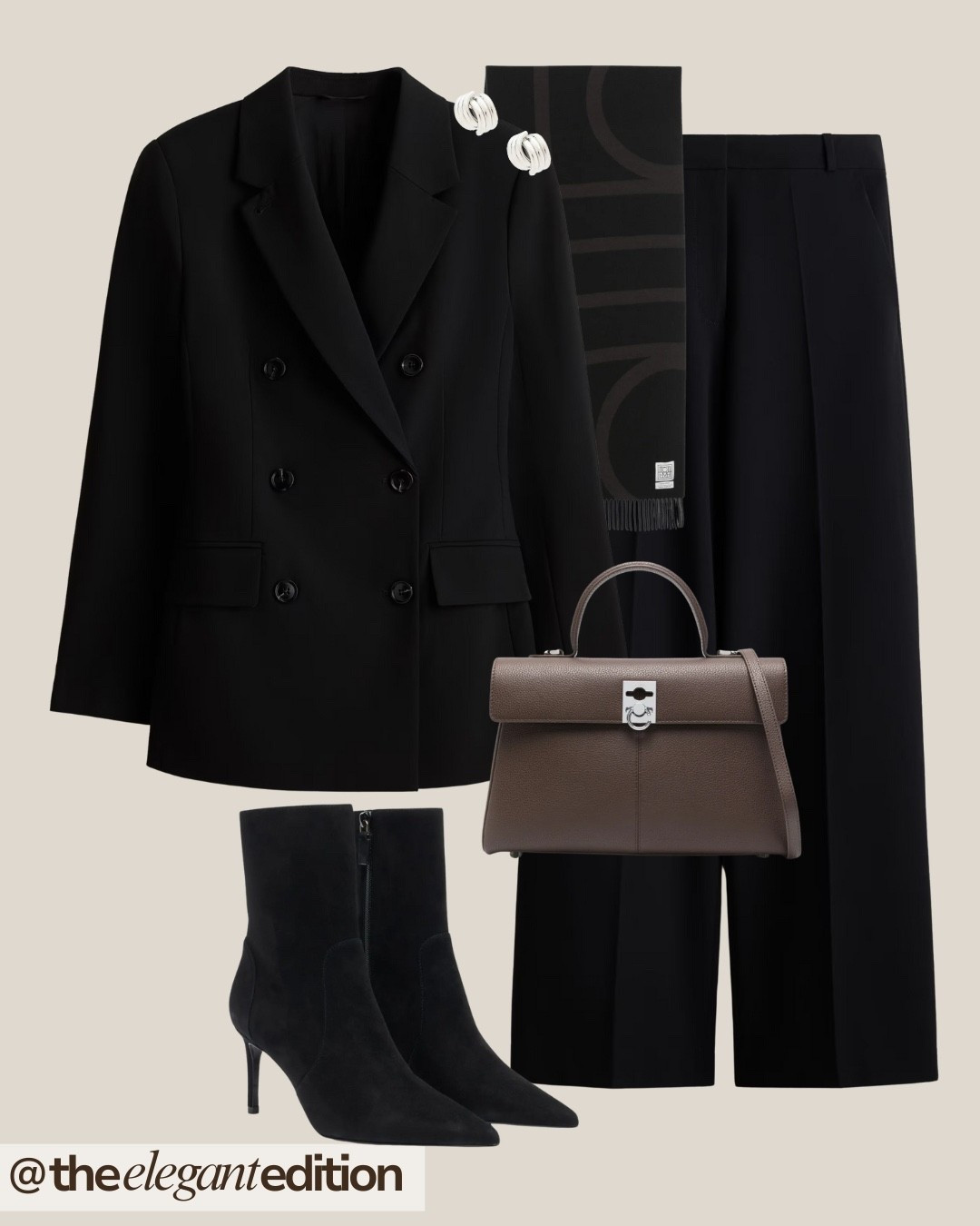 ALL BLACK EVERYTHING 🖤
Black double breasted blazer oversized tailored jacket black wide leg trousers pants taupe leather handbag structured bag silver earrings minimalist scarf designer ankle boots suede heeled fashion autumn winter office outfit monochrome style elegant power dressing

#LTKeurope #LTKstyletip #LTKworkwear