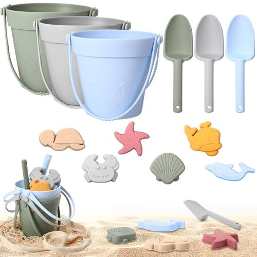 Hungdao 13 Pcs Silicone Beach Toys Travel Beach Set Sand Toys Including 3 Silicone Buckets 3 Shovels 6 Sea Creature Sand Molds 1 Bag for Kids Boys Girls Summer Pool Outdoor Bath(Green Gray Blue) | Amazon (US)