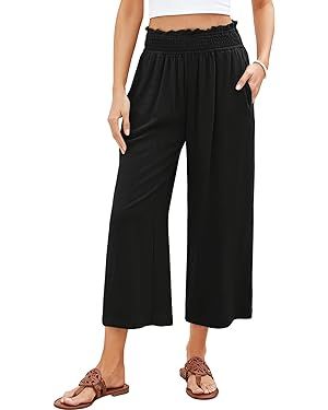 GRAPENT Capri Pants for Women High Waisted Wide Leg Linen Palazzo Trousers Pull On Elastic Smock ... | Amazon (US)