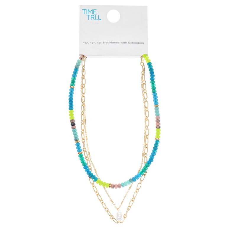 Time and Tru Women’s Beaded Necklace Set, 3-Piece, Blue | Walmart (US)
